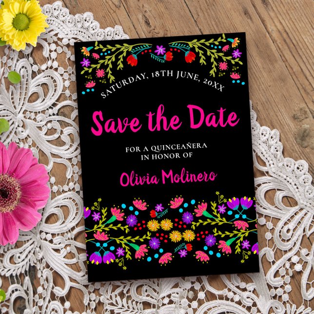 Pretty Mexican Fiesta Floral Black and Pink Save The Date (Colorful Save the Date from my Mexican Fiesta Floral collection
)