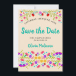 Pretty Mexican Fiesta Floral Champagne and Green Save The Date<br><div class="desc">Save the Date Announcement Card which you can customise to suit any occasion. The floral design has an abundance of pretty Mexican Fiesta flowers on the front with sweet typography in jade green with a champagne background. The template is set up for you to personalise the card with your special...</div>