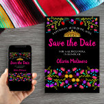 Pretty Mexican Fiesta Floral Gold Tiara Black Pink Save The Date<br><div class="desc">Save the Date Announcement Card which you can customise to suit any occasion. The floral design has an abundance of pretty Mexican Fiesta flowers on the front with sweet typography in pink and a black background. The template is set up for you to personalise the postcard with your special date,...</div>