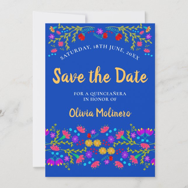 Pretty Mexican Fiesta Floral Royal Blue Save The Date (Front)