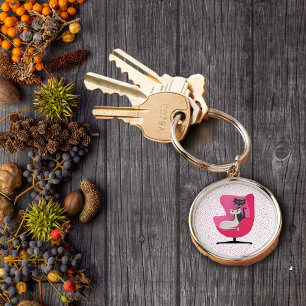 Pretty Mid Century Cats Pin Chair Polka Dots Key Ring