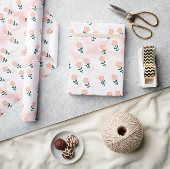 Pretty Mini Peach Floral Pattern Ditsy Wrapping Paper (Crafts)