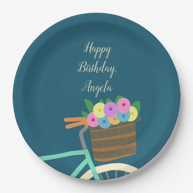 Pretty Mint and Teal Bicycle Basket with Flowers Paper Plate (Front)