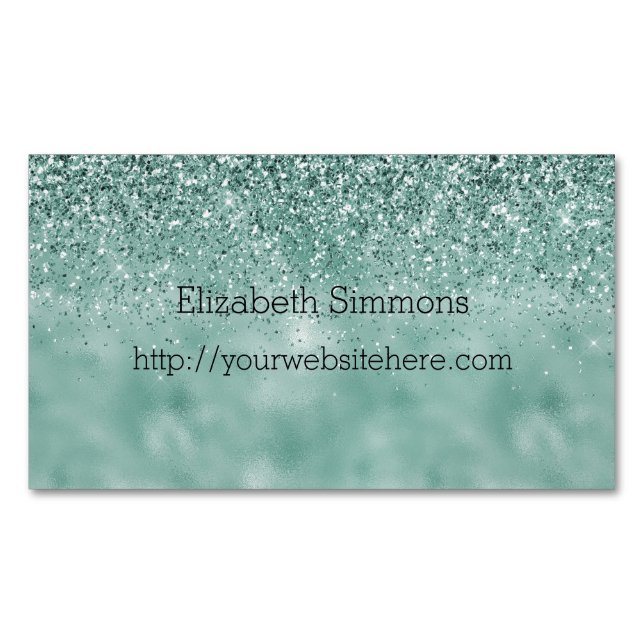 Pretty Mint Glam Glitz Glitter Magnetic Business Card (Front)
