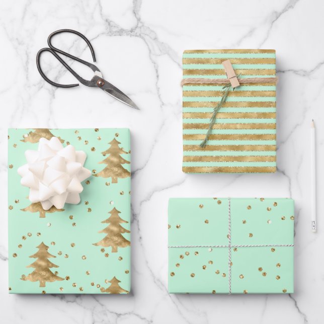 Pretty Mint Green Gold Christmas Tree   Wrapping Paper Sheet (Front)