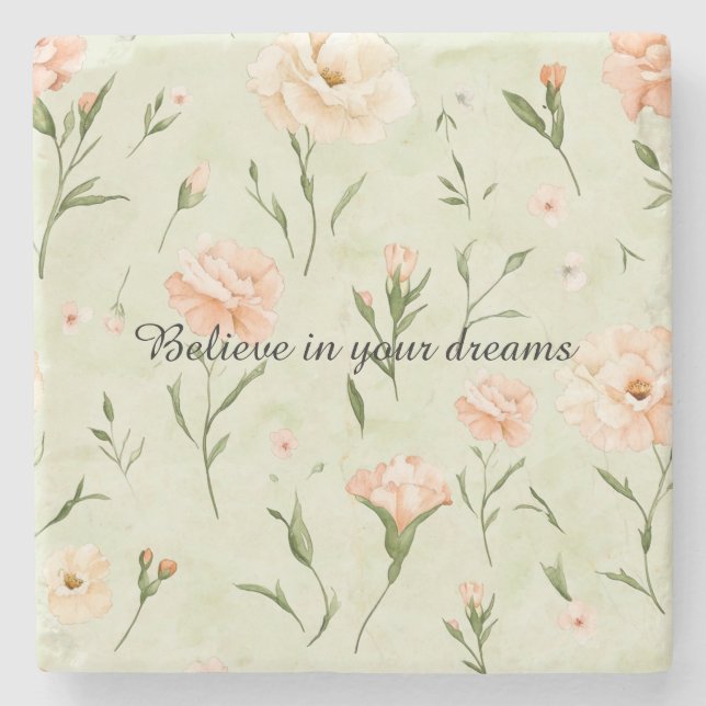 Pretty Mint Peach Floral Stone Coaster (Front)