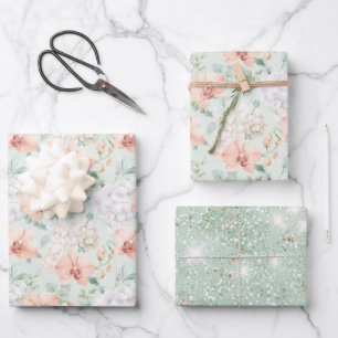 Pretty Mint Peach Orchid Flowers Bridal Shower Wrapping Paper Sheet