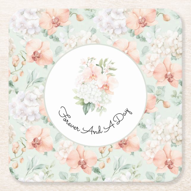  Pretty Mint Peach Orchid Flowers Wedding Square Paper Coaster (Front)