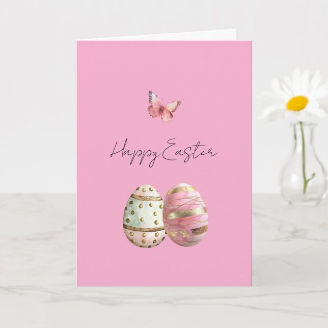 Pretty Mint Pink Gold Easter Eggs Butterfly Card (Small Plant)