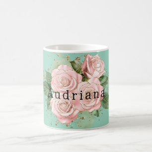 Pretty Mint Pink Rose Floral Gold Glitter Coffee Mug