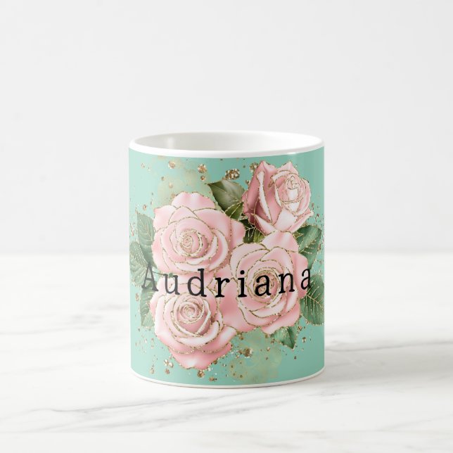Pretty Mint Pink Rose Floral Gold Glitter Coffee Mug (Center)