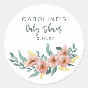 Pretty Mint Sage Blush Floral Custom Baby Shower Classic Round Sticker