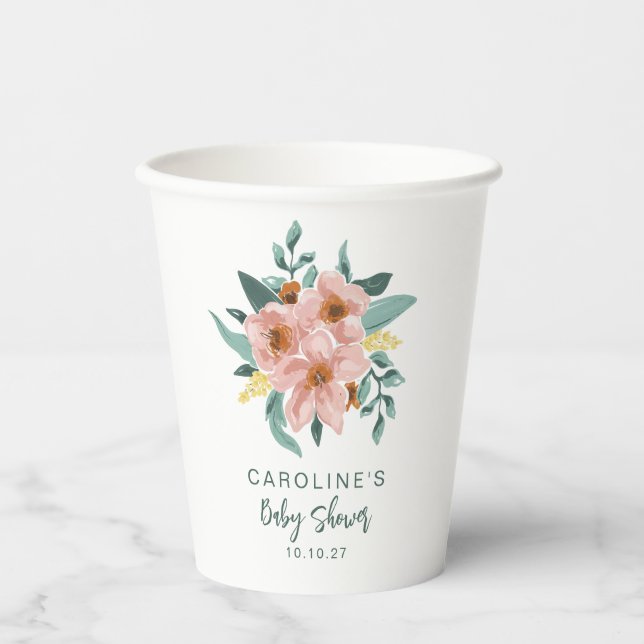Pretty Mint Sage Pink Floral Custom Baby Shower Paper Cups (Front)