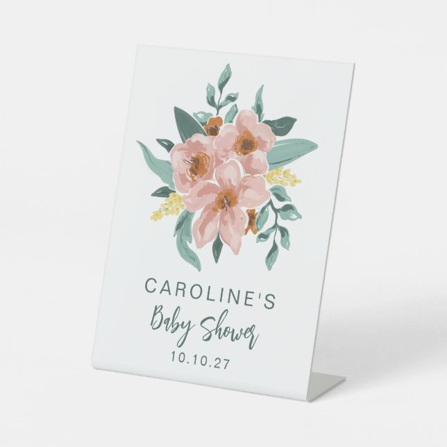 Pretty Mint Sage Pink Floral Custom Baby Shower Pedestal Sign (Front)