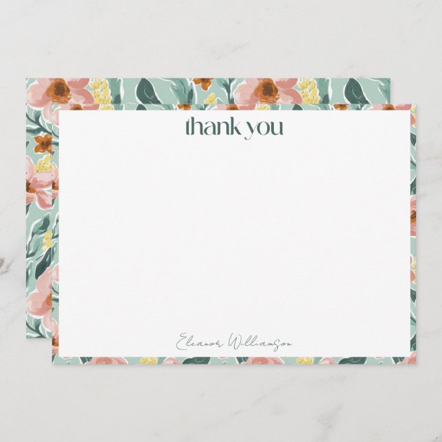 Pretty Mint Sage Pink Floral Custom Bridal Shower Thank You Card (Front/Back)