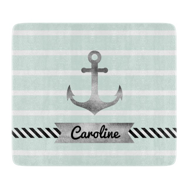 Pretty Mint Stripes Watercolor Anchor Custom Cutting Board (Front)