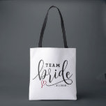 Pretty Modern Calligraphy Team Bride Personalised Tote Bag<br><div class="desc">Pretty Modern Calligraphy Team Bride Personalised Button Tote Bag. Customisable all-over-print tote bag featuring black modern calligraphy with red heart accent. This will be a perfect for bachelorette parties and as a gift for your bridal party.</div>