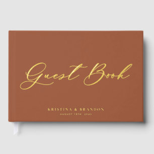 Pretty Modern Calligraphy Terracotta Photo Wedding Guest Book