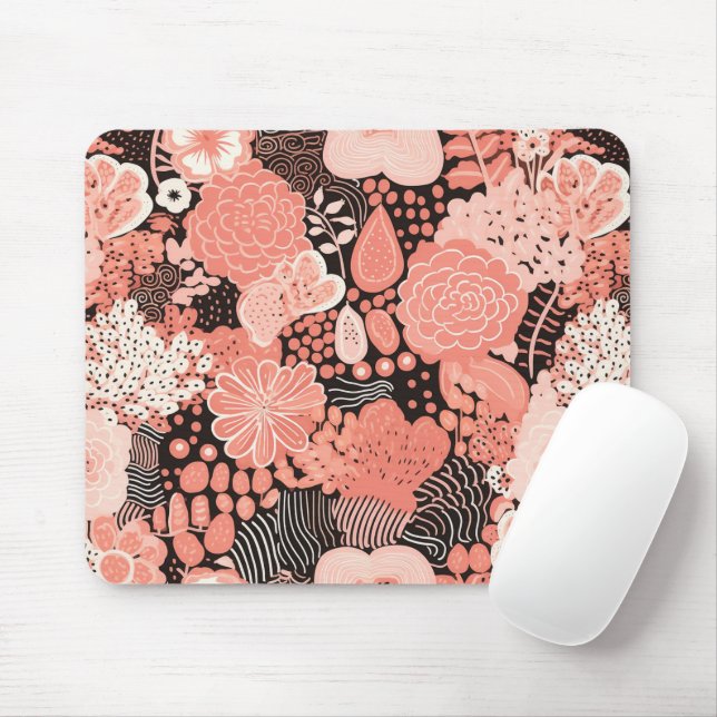 Pretty Modern Coral and Pink Floral Patterned Mouse Pad (With Mouse)