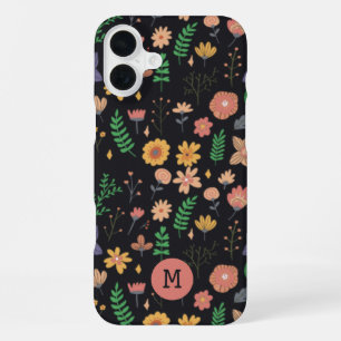 Pretty Modern Dark Floral Pattern Monogram iPhone 16 Plus Case