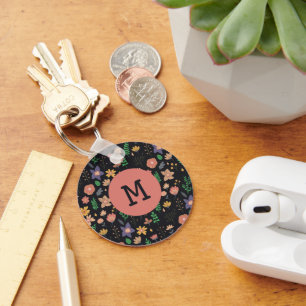 Pretty Modern Dark Floral Pattern Monogram Key Ring