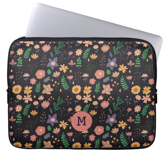 Pretty Modern Dark Floral Pattern Monogram Laptop Sleeve (Front)