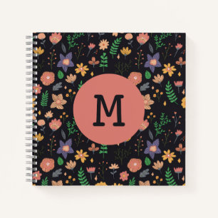 Pretty Modern Dark Floral Pattern Monogram Notebook