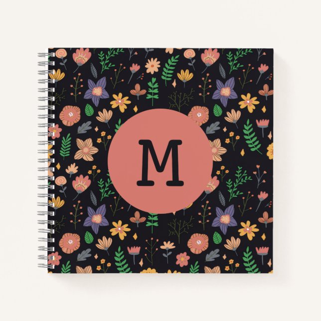 Pretty Modern Dark Floral Pattern Monogram Notebook (Front)
