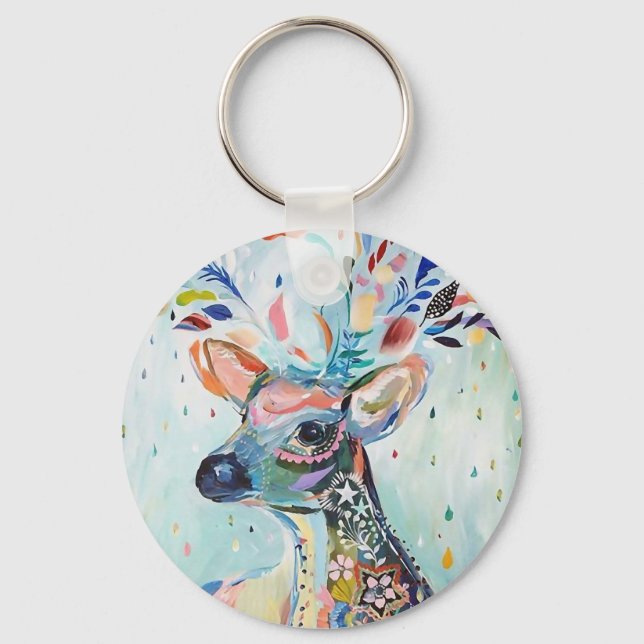 Pretty Modern Deer Art Flower Antlers Key Ring (Front)