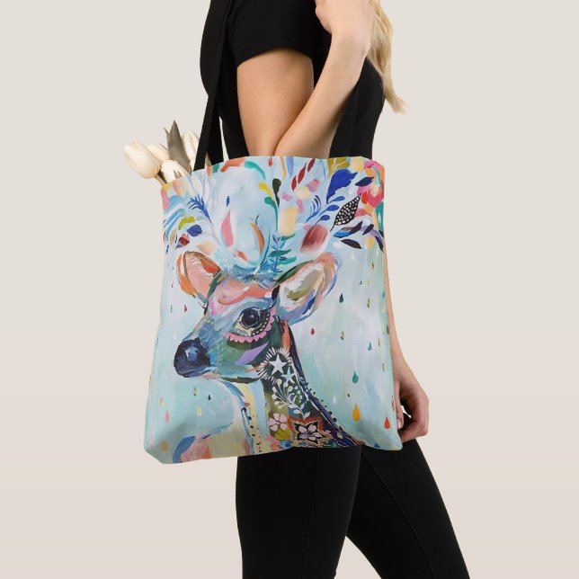 Pretty Modern Deer Art Flower Antlers Tote Bag (Close Up)