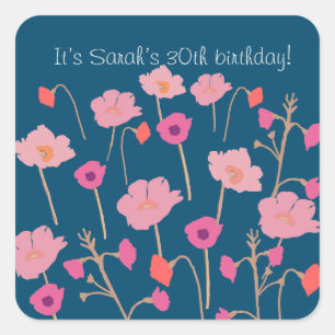 Pretty Modern Floral Birthday With Custom Age Square Sticker