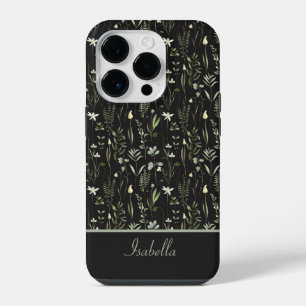 Pretty Modern Floral Botanical Green and Black iPhone 14 Pro Case