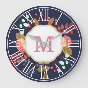Pretty Modern Floral Collage Monogram Large Clock