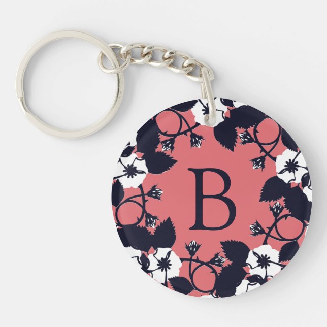 Pretty Modern Floral Coral Pink Monogram Key Ring (Front)