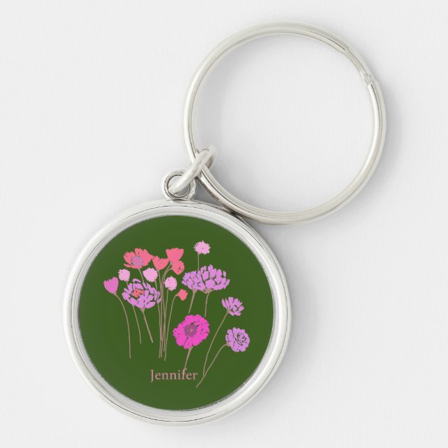 Pretty Modern Floral Olive Key Ring (Front)
