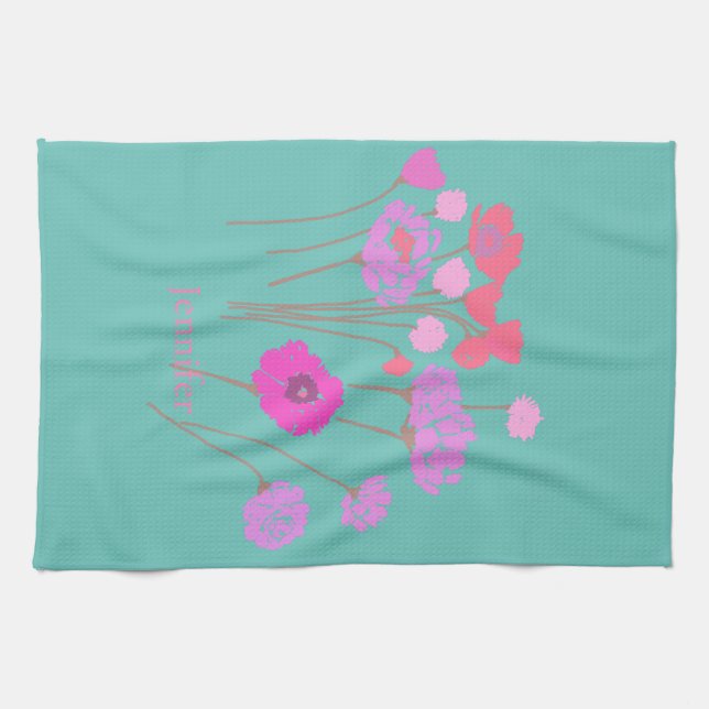Pretty Modern Floral Teal Tea Towel (Horizontal)