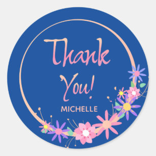 Pretty Modern Floral Wreath Blue Custom Thank You  Classic Round Sticker