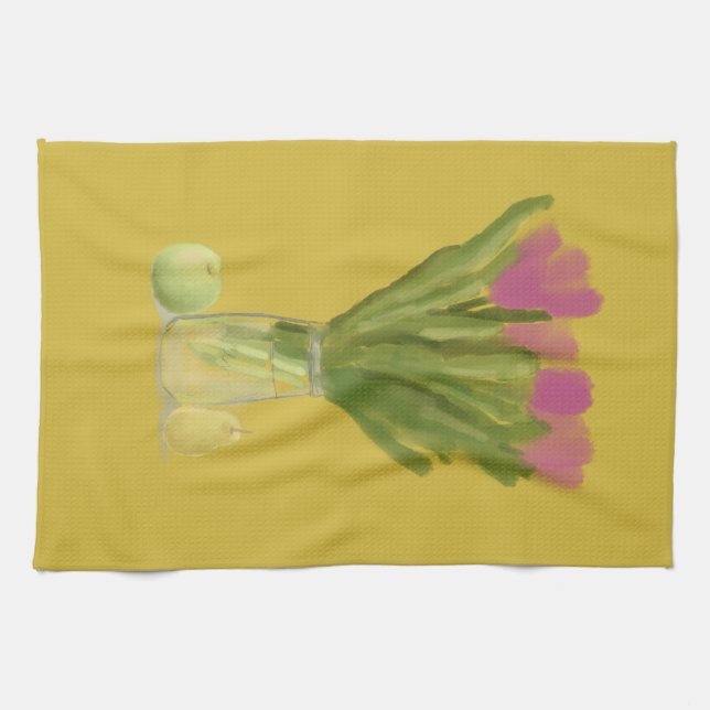 Pretty Modern Flowers & pear & apple Tea Towel (Horizontal)