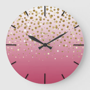 Pretty modern girly faux gold glitter confetti large clock