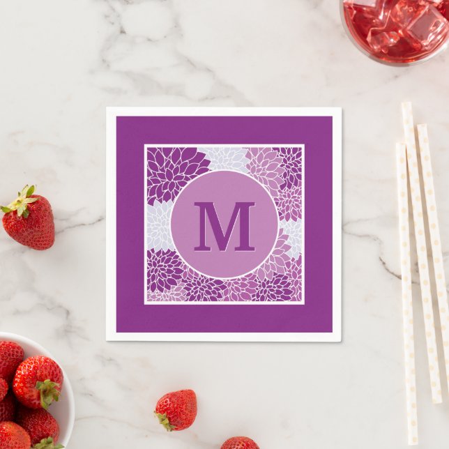 Pretty Modern Monogram Purple Floral Pattern Party Napkin (Insitu)