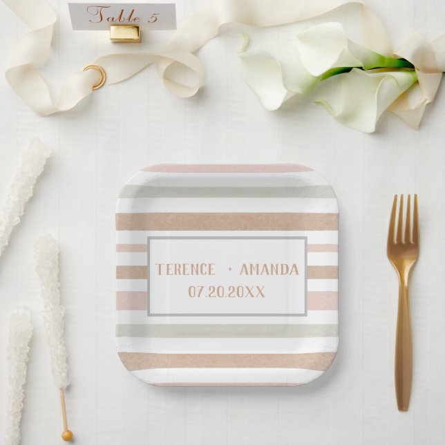 Pretty Modern Neutral Stripes Personalised  Paper Plate (Wedding)
