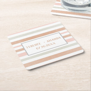 Pretty Modern Neutral Stripes Personalised   Square Paper Coaster
