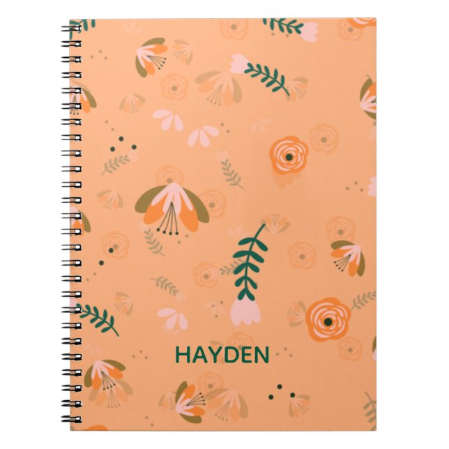 Pretty Modern Orange Flower Pattern Personalised Notebook (Front)
