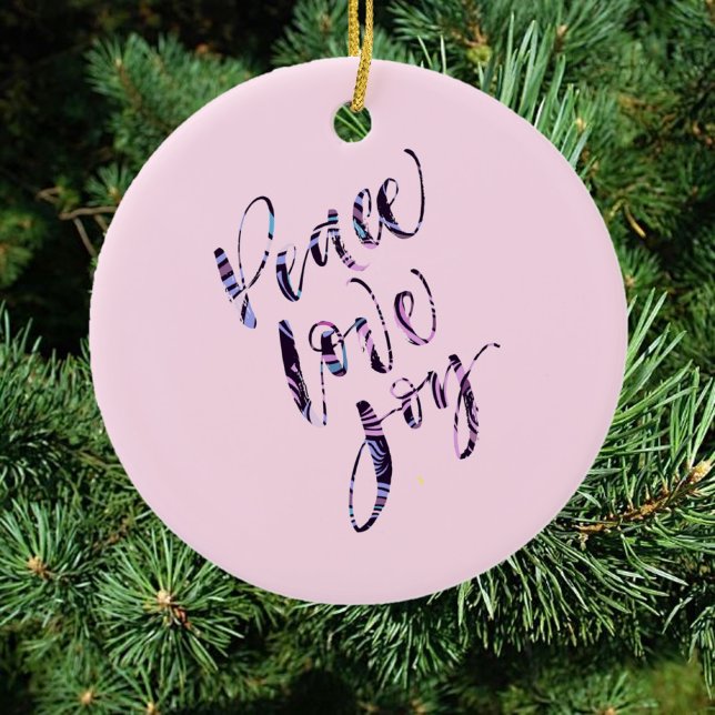 Pretty Modern Peace Love Joy Christmas Tree Ceramic Ornament (Creator Uploaded)