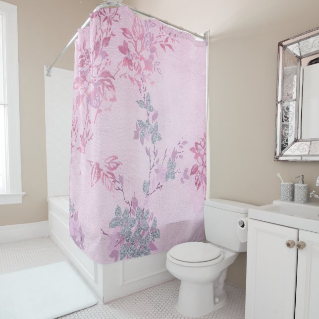 PRETTY MODERN PINK BLUE FLORAL PATTERN SHOWER CURTAIN (In Situ)
