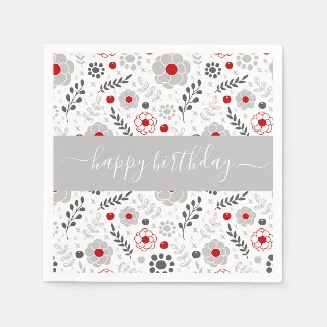Pretty Modern Red and Grey Flowers Birthday Napkin (Front)