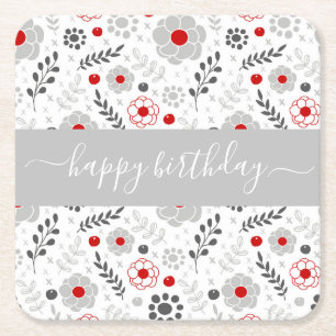 Pretty Modern Red and Grey Flowers Birthday Square Paper Coaster