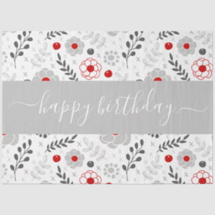 Pretty Modern Red and Grey Flowers Birthday Tissue Paper