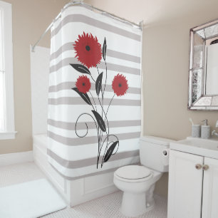 Pretty Modern Red Black and Grey Floral Shower Curtain