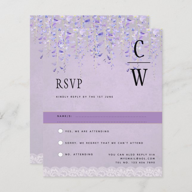 Pretty Modern Wisteria Lace Purple Wedding RSVP (Front/Back)